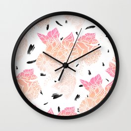 Modern pink ombre coral watercolor floral illustration pattern black brushstrokes Wall Clock