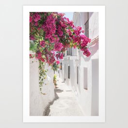 White Village Series, White washed alley, Bougainvillea, Travel Photography, Europe Art Print