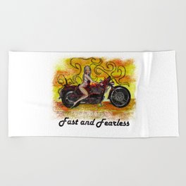 Fast and Fearless Pinup bikini motorcycle girl Beach Towel