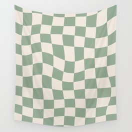 Sage Green Wavy Checkered Pattern Wall Tapestry