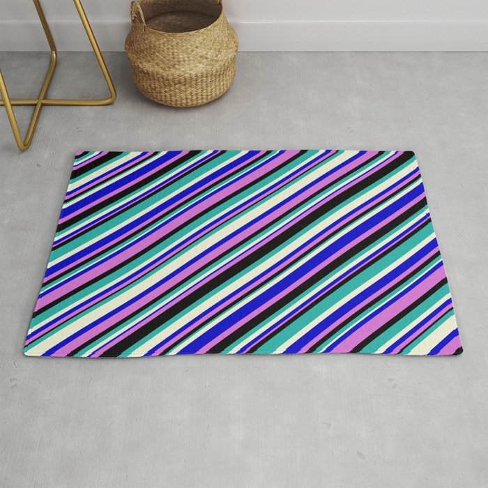 Blue, Orchid, Black, Light Sea Green & Beige Colored Pattern of Stripes Rug
