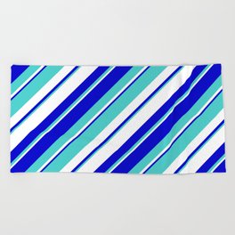 [ Thumbnail: Turquoise, White, and Blue Colored Striped/Lined Pattern Beach Towel ]