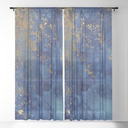 Night Blue And Gold Marbled Texture Sheer Curtain
