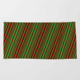 [ Thumbnail: Forest Green and Maroon Colored Lines/Stripes Pattern Beach Towel ]