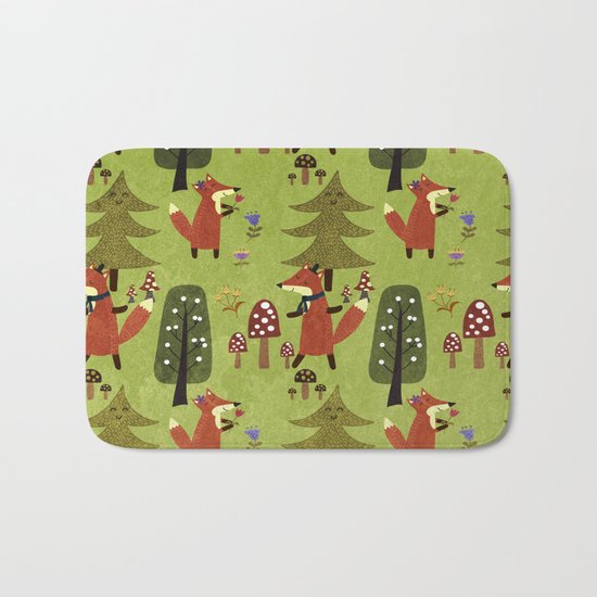 Happy foxes in the forest - Cute Fox Pattern Bath Mat