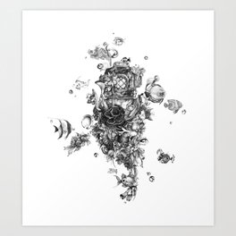 The Diver (Black and White Version) Art Print | Underwater, Fishes, Flowers, Ocean, Fish, Drawing, Graphite, Scuba, Surreal, Illustration 