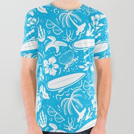 Turquoise and White Surfing Summer Beach Objects Seamless Pattern All Over Graphic Tee