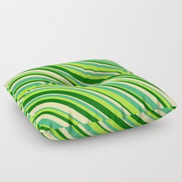 [ Thumbnail: Light Green, Dark Green, Pale Goldenrod & Sea Green Colored Lines Pattern Floor Pillow ]