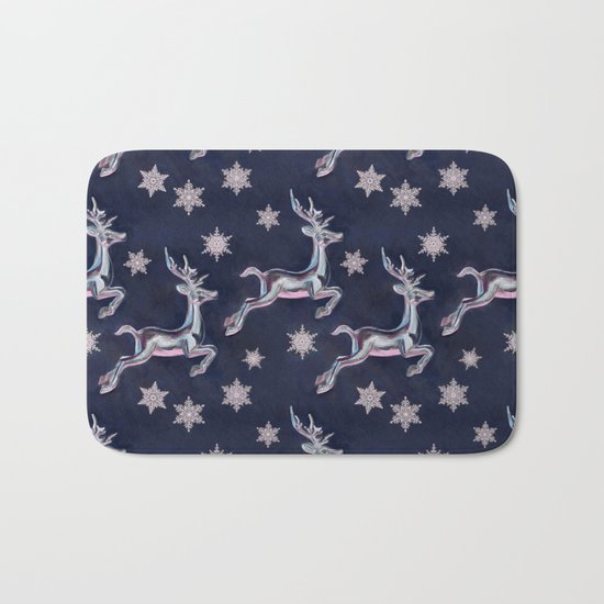 Silver Snowflakes & Happy Reindeer in Navy Blue & Pink Bath Mat