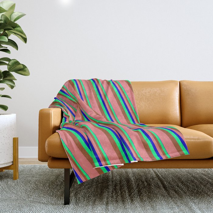 Blue, Green, Sienna & Light Coral Colored Striped/Lined Pattern Throw Blanket