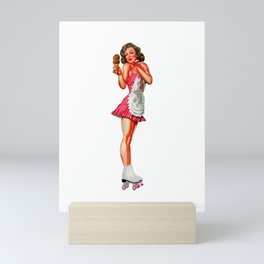 Sexy Brunette Pin Up With Icecream Skates And Maid Dress Mini Art Print
