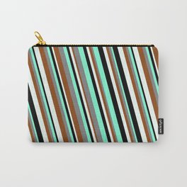[ Thumbnail: Eyecatching Aquamarine, Gray, Brown, Mint Cream, and Black Colored Striped/Lined Pattern Carry-All Pouch ]