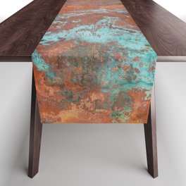 Tarnished Metal Copper Aqua Texture - Natural Marbling Industrial Art  Table Runner