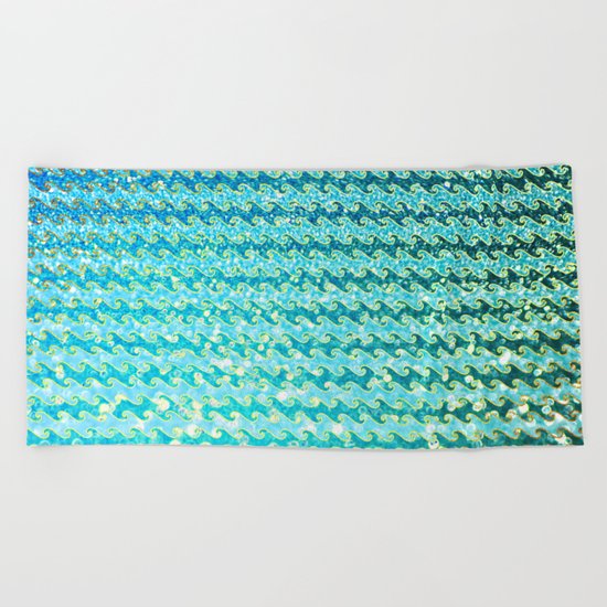 Mermaid Waves and Sea Foam, Sun Light over the Ocean Beach Towel