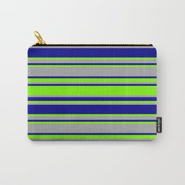 [ Thumbnail: Green, Dark Grey & Dark Blue Colored Lines/Stripes Pattern Carry-All Pouch ]