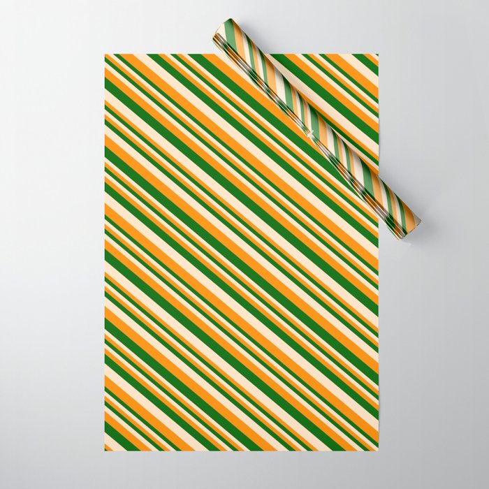 Dark Orange, Dark Green & Bisque Colored Lines Pattern Wrapping Paper