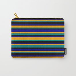 [ Thumbnail: Orange, Teal, Black, and Dark Blue Colored Stripes/Lines Pattern Carry-All Pouch ]