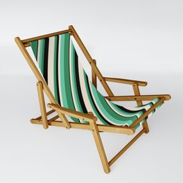 [ Thumbnail: Beige, Aquamarine, Sea Green, and Black Colored Lined/Striped Pattern Sling Chair ]