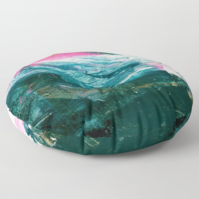 Meditate [4]: a vibrant, colorful abstract piece in bright green, teal, pink, orange, and white Floor Pillow
