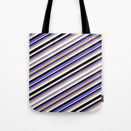 [ Thumbnail: Black, Slate Blue, Tan, and Mint Cream Colored Stripes Pattern Tote Bag ]