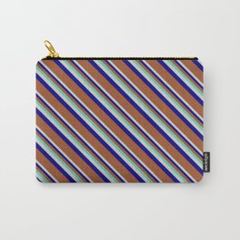 [ Thumbnail: Aquamarine, Light Gray, Blue, and Sienna Colored Striped/Lined Pattern Carry-All Pouch ]