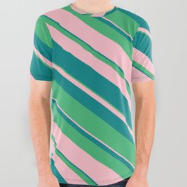[ Thumbnail: Sea Green, Pink, and Teal Colored Stripes/Lines Pattern All Over Graphic Tee ]