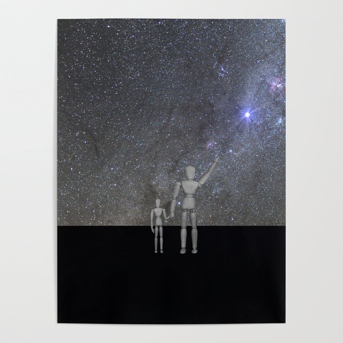 Wooden Anatomy Doll Father Shows Child the Milky Way Galaxy Poster