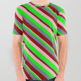 [ Thumbnail: Slate Gray, Dark Red, Light Pink, and Lime Colored Stripes/Lines Pattern All Over Graphic Tee ]