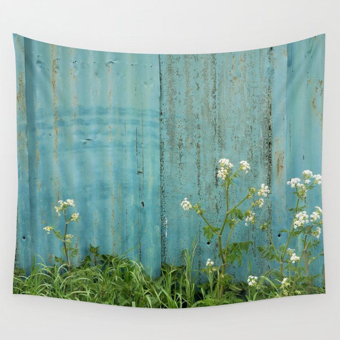 natural wild flowers floral outdoors blue metal fence texture Wall Tapestry
