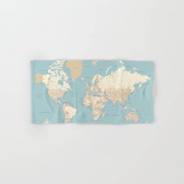Cream, brown and muted teal world map, "Jett" Hand & Bath Towel