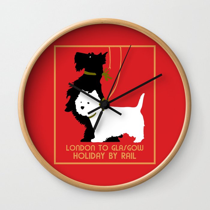 Retro London and Glasgow by train, dogs terriers Wall Clock