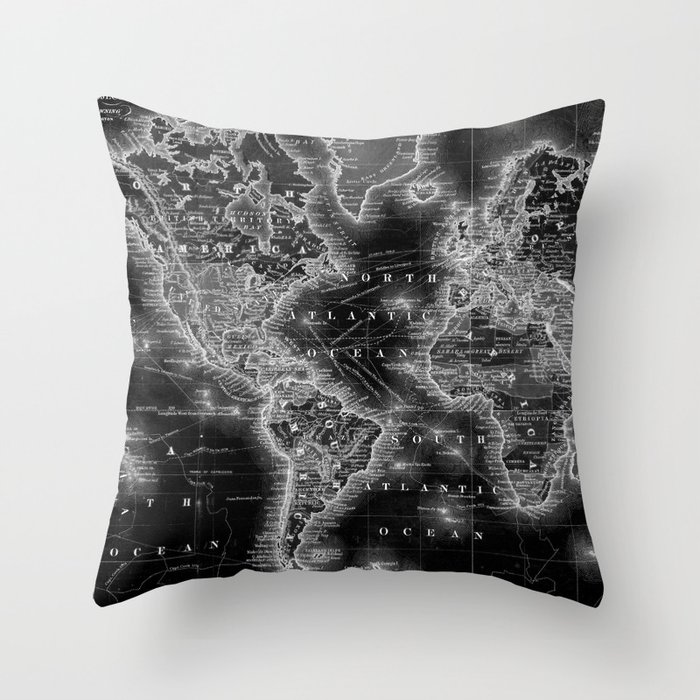 Black and White World Map (1860) Inverse Throw Pillow