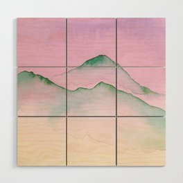 Green Top Mountain Range With Pink Sky Wood Wall Art