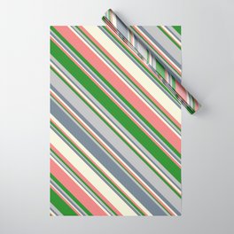 [ Thumbnail: Eye-catching Beige, Light Coral, Forest Green, Grey, and Slate Gray Colored Lined/Striped Pattern Wrapping Paper ]