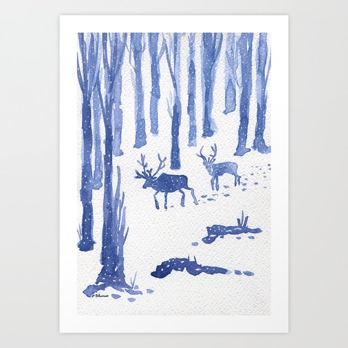 Snowy forest and reindeers illustration Art Print