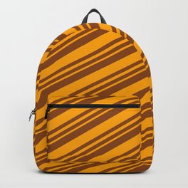 [ Thumbnail: Brown and Orange Colored Striped/Lined Pattern Backpack ]