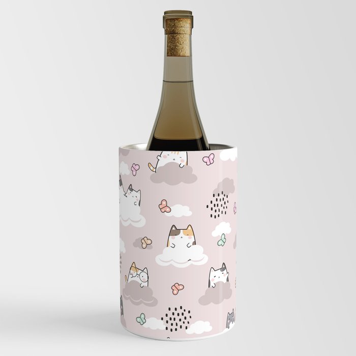Cute Kawaii Cats with Clouds and Butterflies Wine Chiller