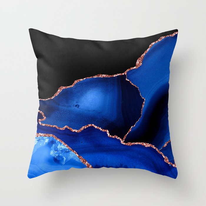 Royal Blue, Ebony Black & Rose Gold Marbled Agate Throw Pillow