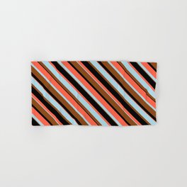 [ Thumbnail: Red, Light Blue, Brown, and Black Colored Lines/Stripes Pattern Hand & Bath Towel ]