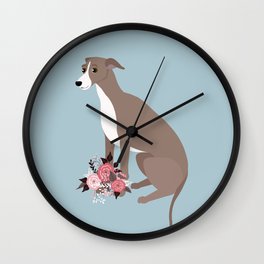 Italian Greyhound and Flowers Fawn and White Dog Blue Wall Clock