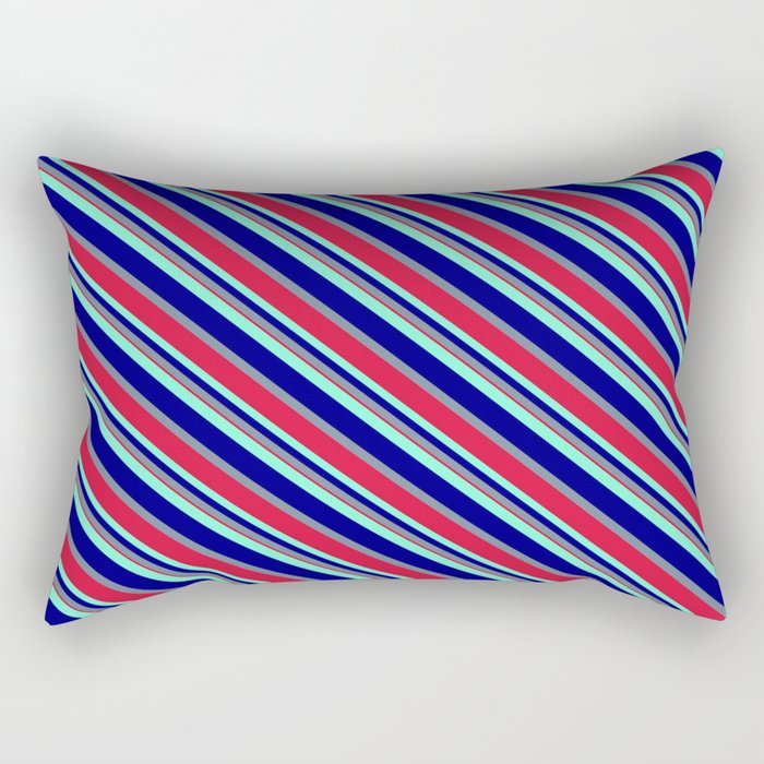 Aquamarine, Blue, Light Slate Gray & Crimson Colored Lines/Stripes Pattern Rectangular Pillow