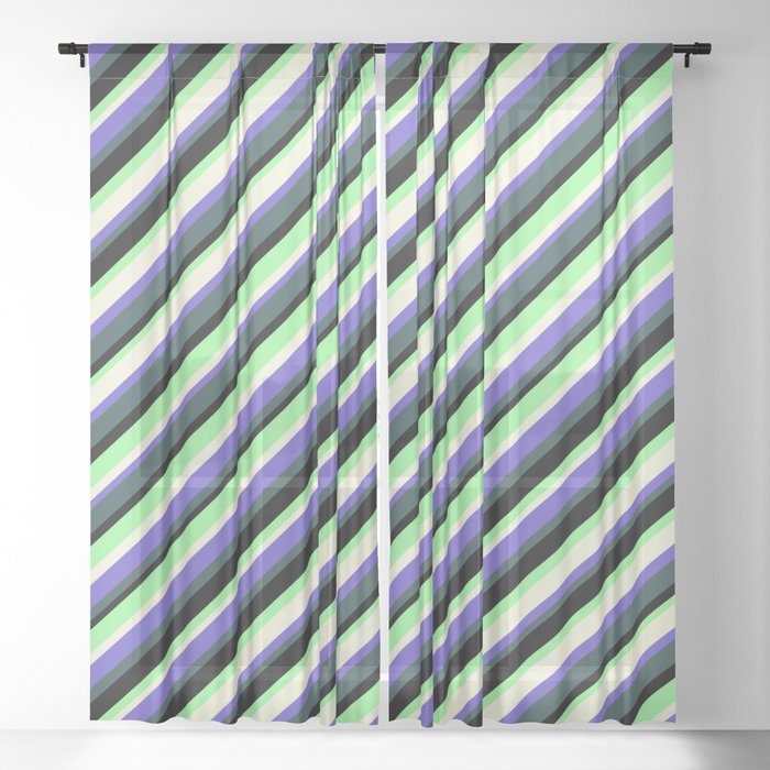 Colorful Beige, Slate Blue, Dark Slate Gray, Black & Green Colored Lined/Striped Pattern Sheer Curtain