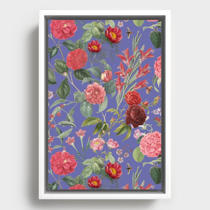 Veri Peri Rose Garden - Vintage botanical illustration collage at Periwinkle blue color Framed Canvas