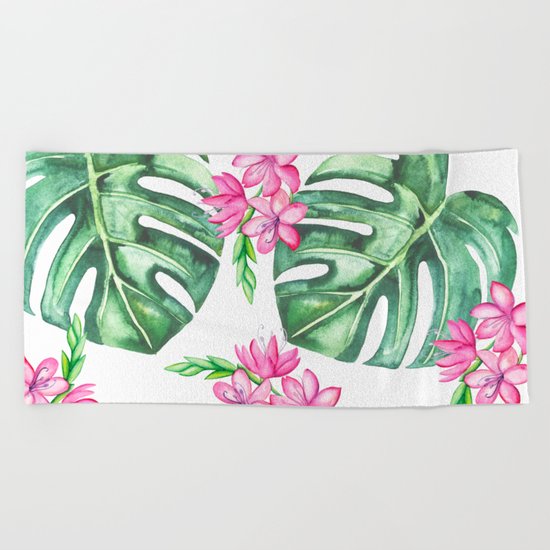 Tropical Flowers And Monstera #society6 Beach Towel