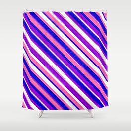 [ Thumbnail: Dark Violet, Mint Cream, Hot Pink, and Blue Colored Stripes/Lines Pattern Shower Curtain ]