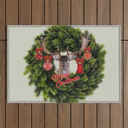 Moose Reindeer Deer Wreath Merry Christmas - Xmas  Outdoor Rug