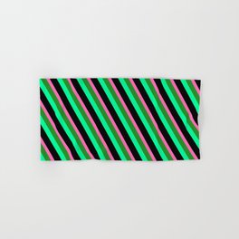 [ Thumbnail: Hot Pink, Forest Green, Green & Black Colored Striped Pattern Hand & Bath Towel ]