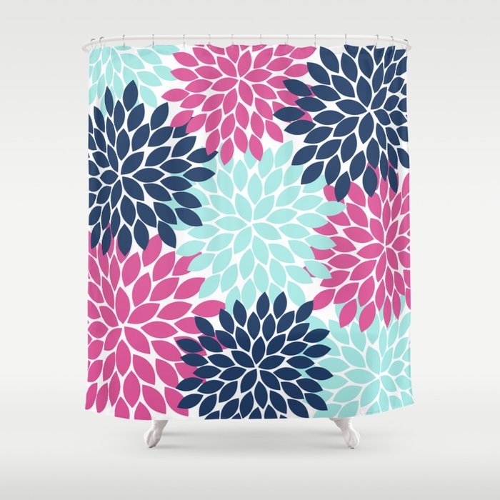 Pink Navy Aqua Dahlia Flowers, Flower Burst, Floral Pattern, Flower Petals Shower Curtain by