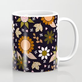 Retro Flowers and Leaves Black and Orange Coffee Mug
