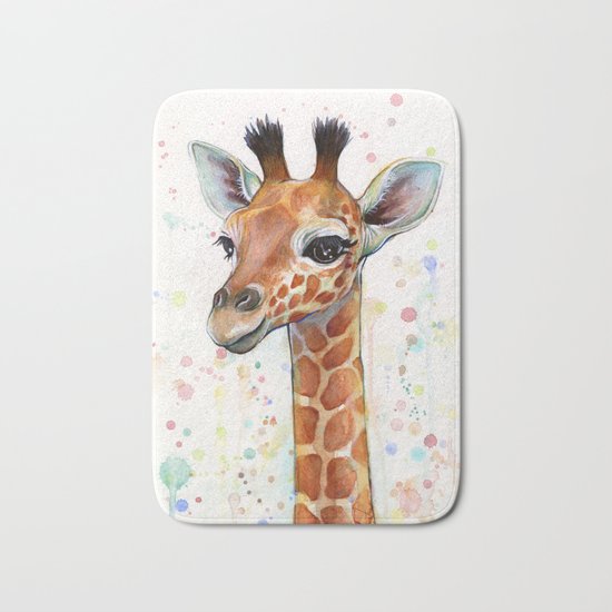 Giraffe Baby Animal Watercolor Whimsical Nursery Animals Bath Mat